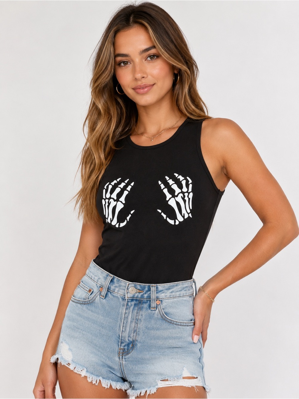 SHEIN Black Tank Top with White Skeleton Hands Graphic